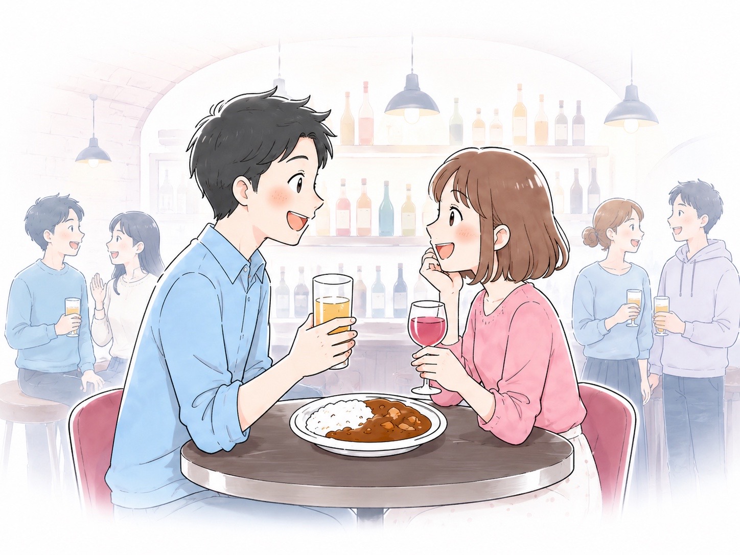 昼下がりの明るいBASE店内で、カレーやドリンクを囲みながら男女が楽しそうに話している様子